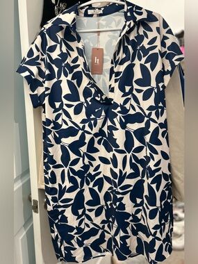 Navy & White Floral V-Neck Button Down Dress
